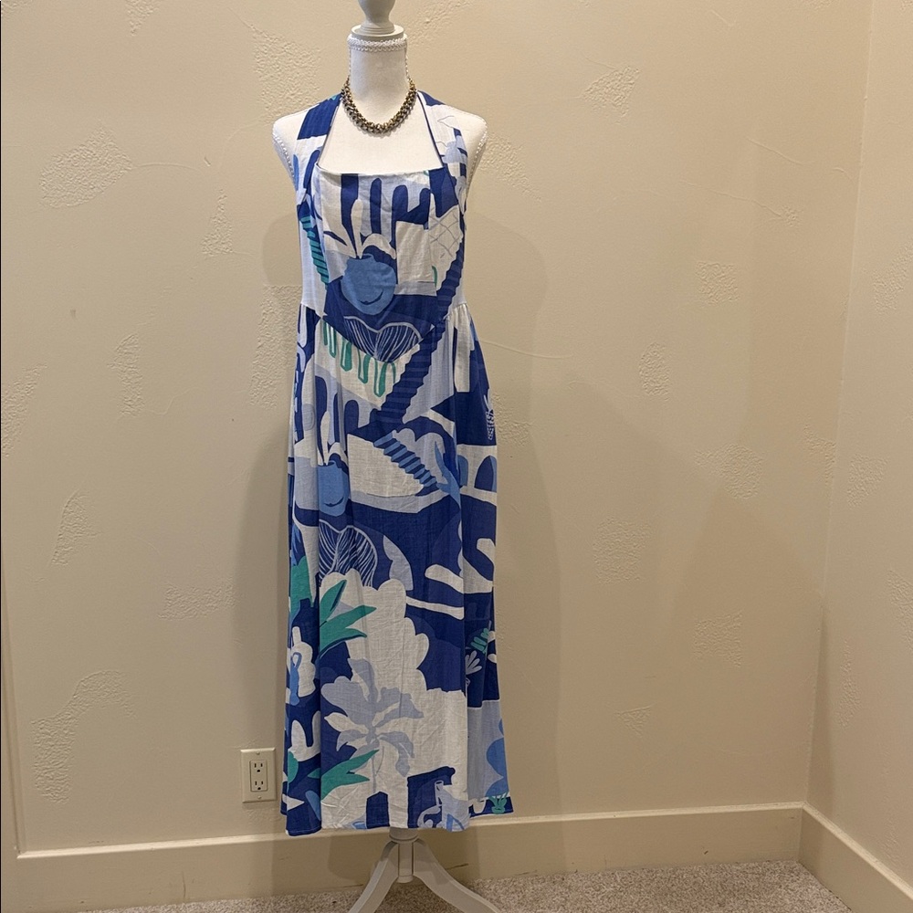 Blue & White Floral Halter Maxi Dress